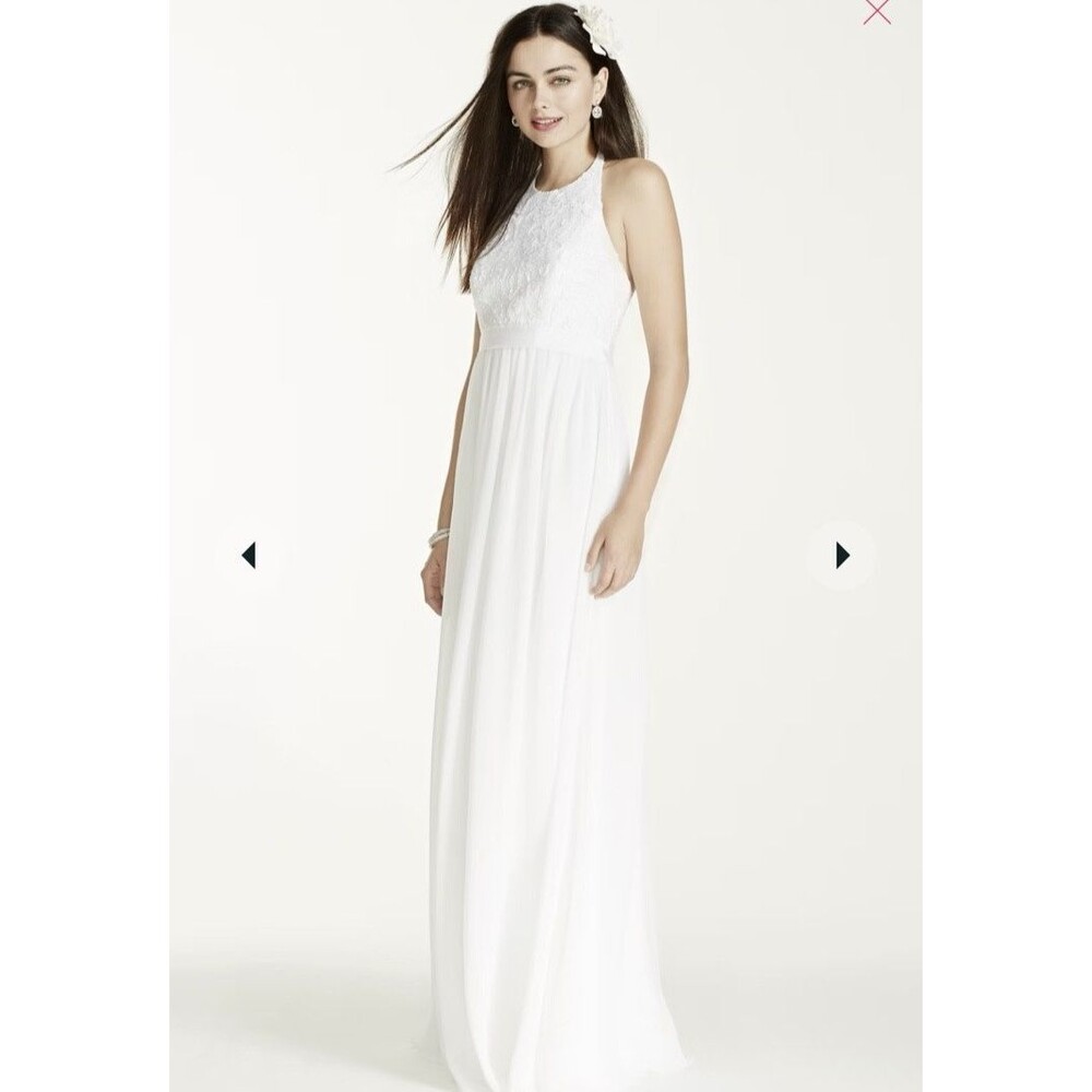 Davids Bridal Wedding Dress Size 10 Halter Embroidered Beach Minimalist sdwg0140